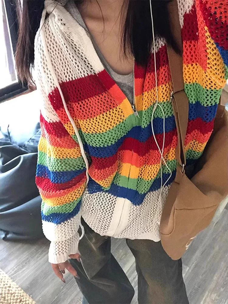 American Retro Rainbow Open Cardigan Knitted Sweater Men's Spring Autumn Hollow out Design Sensation Cover up Loose Outerwear