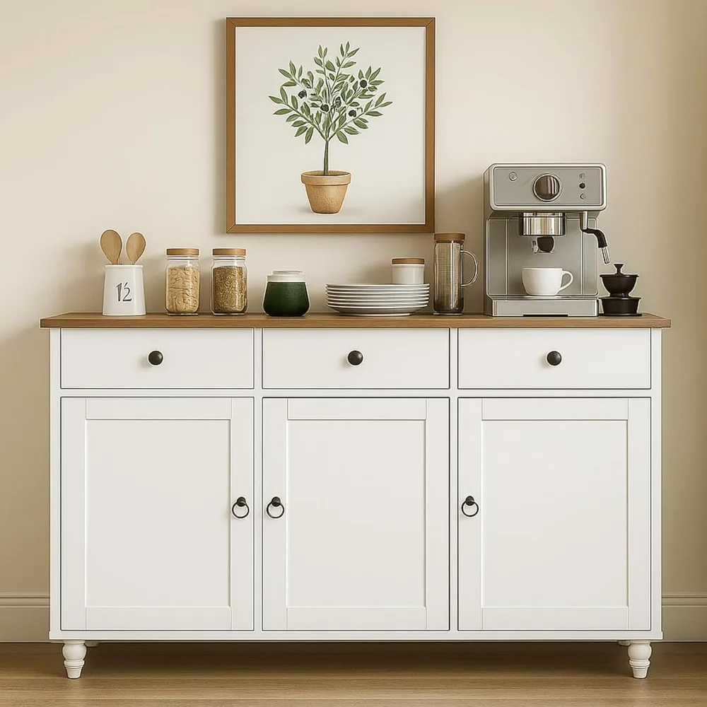 Buffet moderne avec rangement, 47 armoires de bar à café avec 3 tiroirs et 3 portes, armoire de rangement de cuisine avec Shelvi