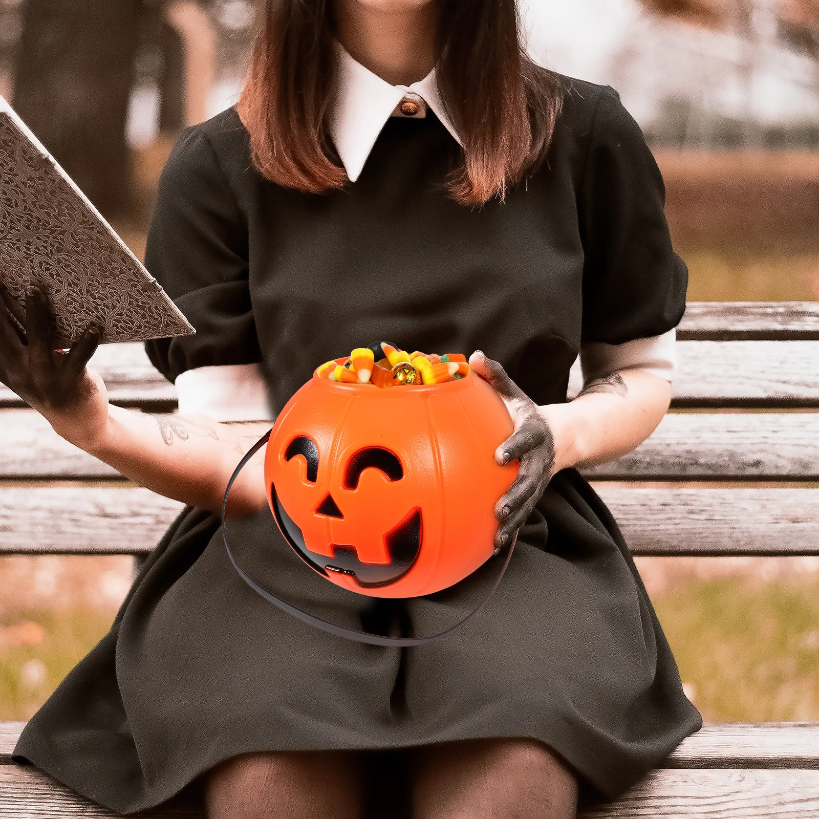 Pumpkin Bucket 17 Cm Holder Halloween Pail Big Lantern Baby Safe Material Black H Facial Features Trick