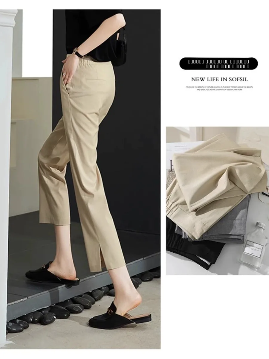 

Slimming Nine-Foot Tailored Pants for Women Straight Leg Slit Design Casual Office Wear mid Waist Long Trousers
