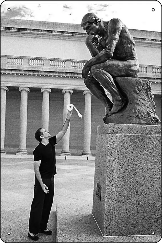 Robin Williams Giving 'The Thinker' Toilet Paper Poster Funny Metal Tin Sign for Home Kitchen Bar Room Garage Decor 