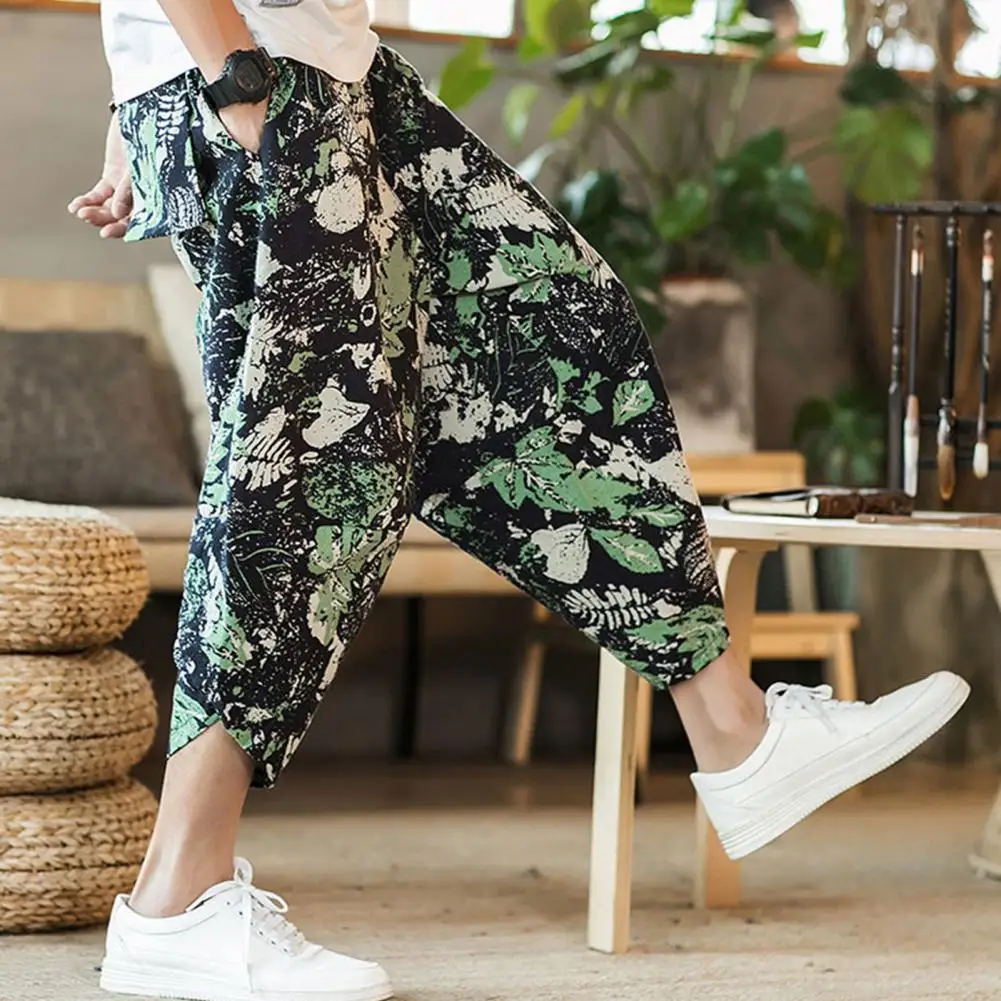 Men Pants Stylish Breathable Retro Pants Summer Men Chinese Style Pattern Cropped Pants Daily Garment