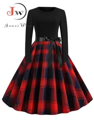 Women's Plaid Print Vintage Long Sleeve Dress Christmas Casual Robe Elegant Party Dress Femme Vestidos