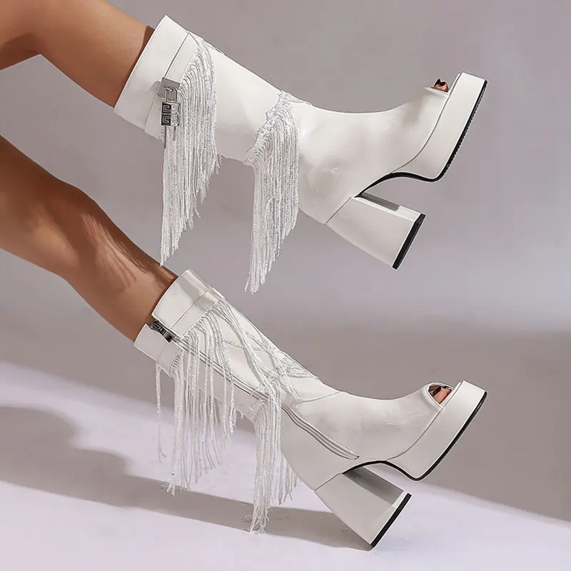 

Tassels Large Size Women Mid Calf Boots Punk Style Chunky Heel Platform Metal Decoration Knight Boots Peep Toe Fashion Cool Boot