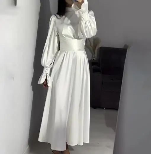 Womens Dresses 2025 Spring New Solid Color Long Sleeved Round Neck Lace Up Casual High Waist Slim Fit Temperament Long Dress