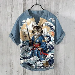 2024 Summer Men's Henry Shirt-V Neck Short Sleeve T-shirt Casual Print Shirt Elegant Comfortable Top New Clothing