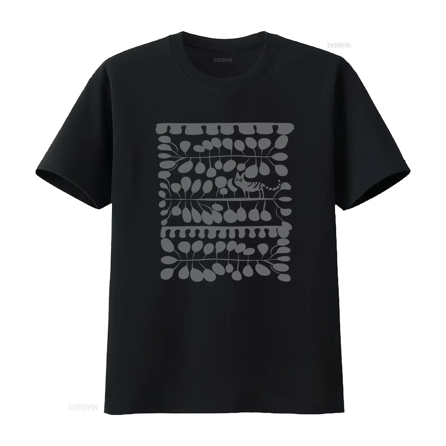 Abstract Botanical plus Cat T Shirt Wood Block Garment Dyed Hidden tee Modern Design vintage Washed Breathable graphic