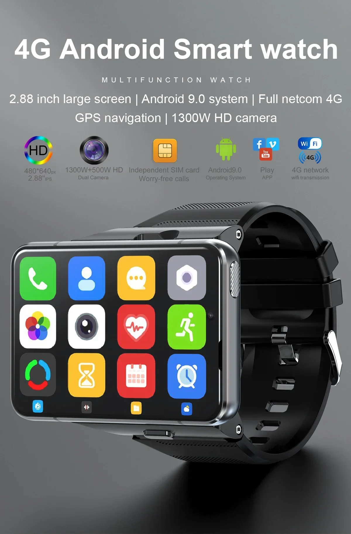 S999 Smart Watch Phone 4G LTE Android 9 4+64GB Smartwatch 2,88" Bildschirm Herrenuhr 2300mAh Dual Face Unlock GPS WIFI