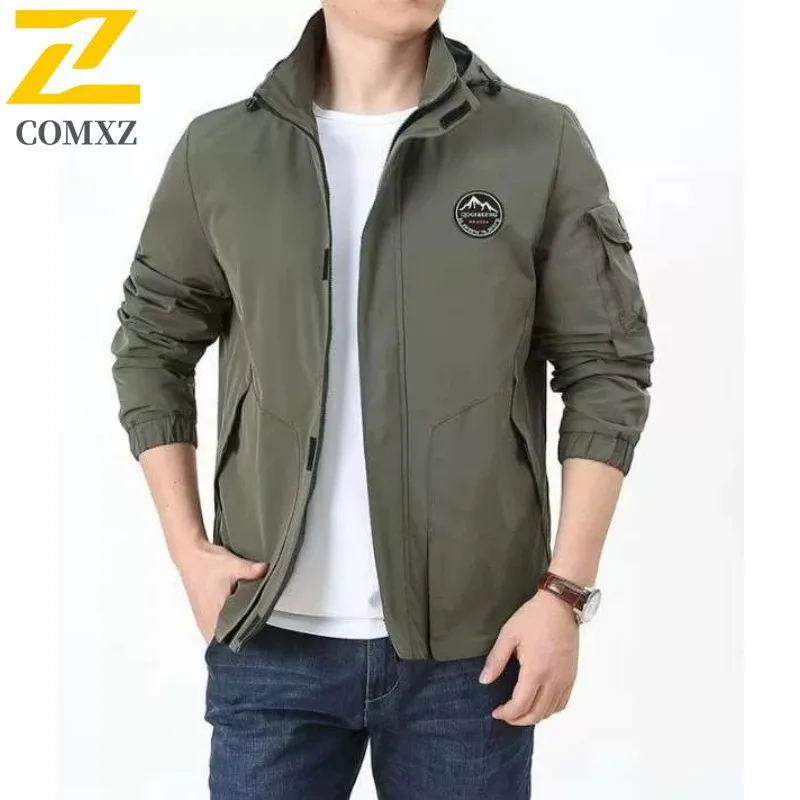 

COMXZ Мужская куртка 2025 Новая модная уличная охотничья ветрозащитная мотоциклетная куртка с капюшоном Американская мода легкое осеннее пальто