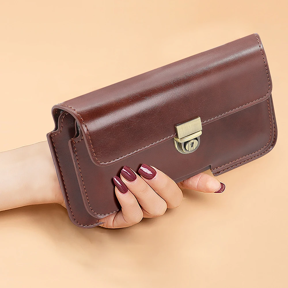 VIETAO pu leather hand bag purse for cell phone, waist bag belt purse for all smartphone,universal women mobile phone bag brown