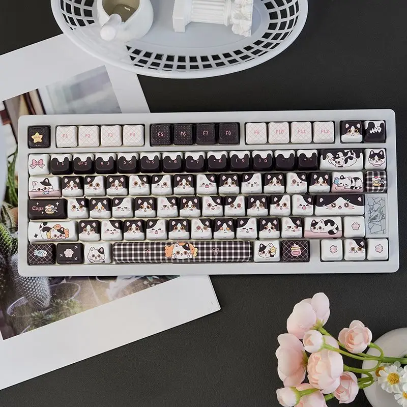 New Cow Cat Theme 129-Keycap Full Set Cute Cartoon MAO Outline  PBT Material for 61, 68, 75, 82, 84, and 104 Mechanical Keyboard