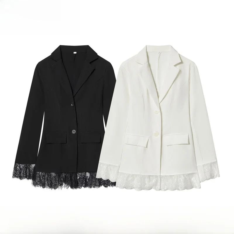 Fashionable Autumn Winter Women's Suit Jacket Lace Splicing Slim Fit Waist-Cinching Breathable Polyester Fiber Long Sleeve