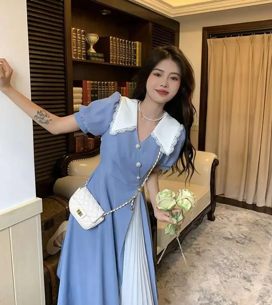 

Plus Size 6XL 150kg Long Dress Women Turn Down Collar Short Sleeve High Waist Vintage Split Dress Women Clothing Vestido A3