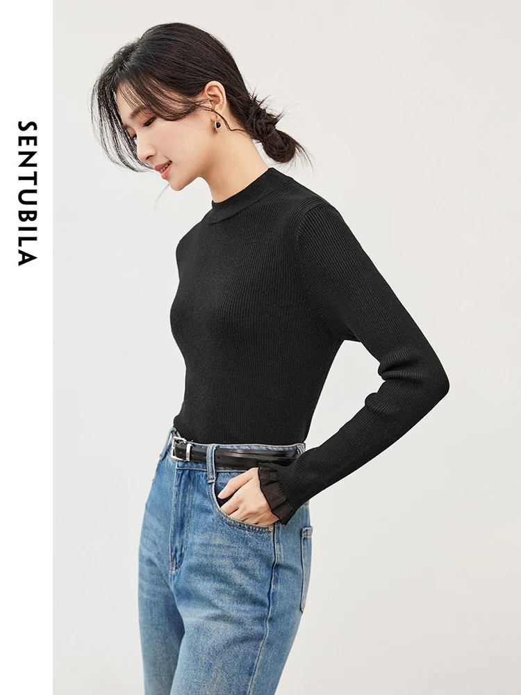 SENTUBILA Women Basics Wool Blend Knitted Sweater 2024 Autumn Winter Pullovers Long Sleeve Knit Tops Comfort Knitwear W43H56566