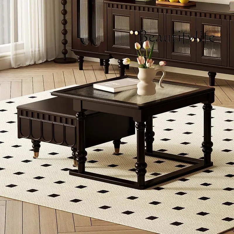 

Light luxury retro pure solid wood size square coffee table TV cabinet combination living room glass tea table household