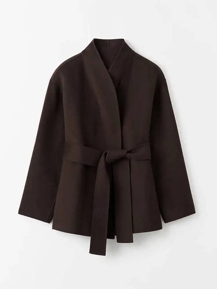 New Women's Fashion Solid Coat Cardigan With Belt Casual Loose V-Neck Long Sleeve Lace Up Jackets 2025 Autumn Lady Outerwears