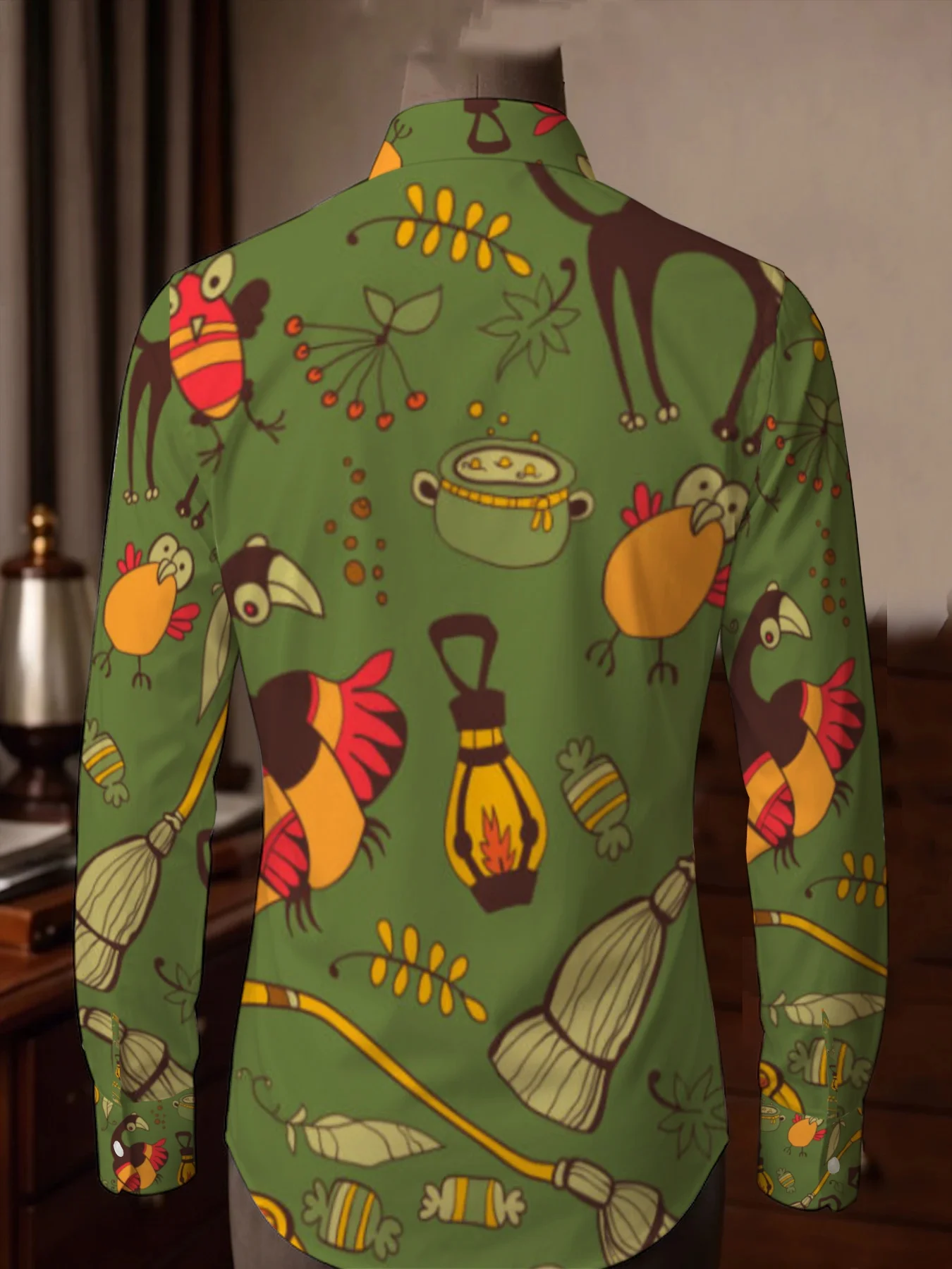 Men Long Sleeve Button Down Shirt Green Thanksgiving Turkey Corn Lantern Print Polyester Lapel Collar Holiday