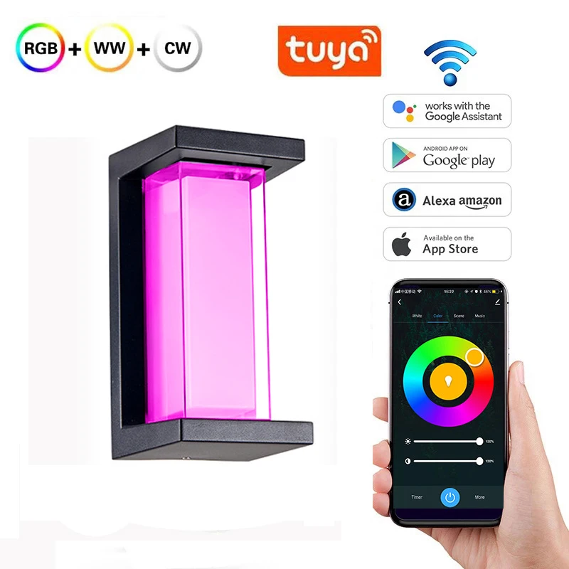 Tuya Smart Waterproof Wall Light, RGBCW, ao ar livre, Celular App, Escurecimento Cor, Suporte Função de Voz, Trabalhar com Alexa, Google