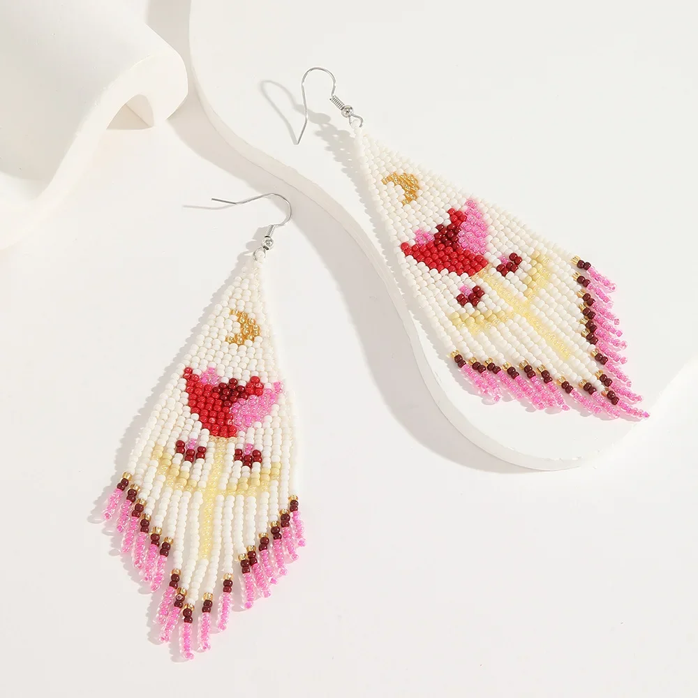 2025 Handmade Bead Earrings Tassel Gradient Color Hand Knitting Flowers Bohemia Golden Moon Simple Beaded Earrings for Women view 4