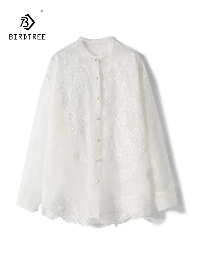 

Birdtree, 100%Mulberry Silk Elegant Shirt, Women O-Neck Long Sleeve Embroidery, Retro Commute Lace Blouse, 2024 Summer T45327QC