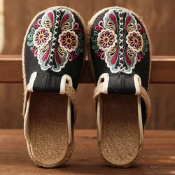 Shoes Women Slippers Casual Soft Luxury Lace-Up Sewing Slip-On Patchwork Round Toe PU Leisure Ethnic TPR Embroider Floral Canva