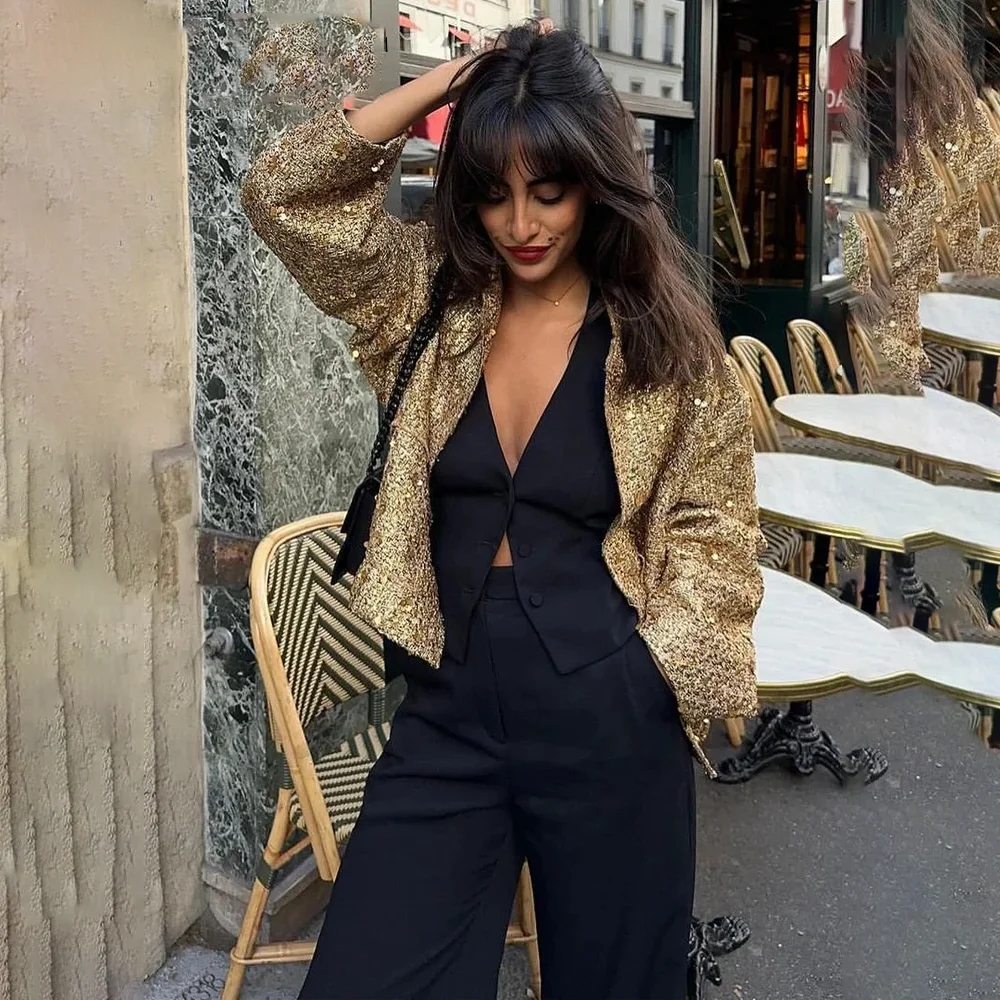 Veste à paillettes brillantes pour femmes, manteau court à manches longues, col montant, document en or Y2k, streetwear haut pour dames, mode automne et hiver