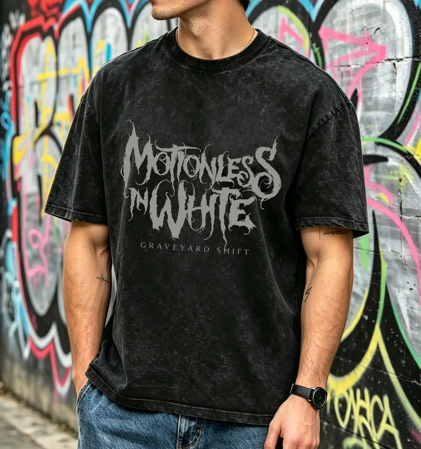 washed T Shirt Men's Motionless In White Graveyard Shift Slim Fit X Large Black vintage Washed Casual streetwear Slightly