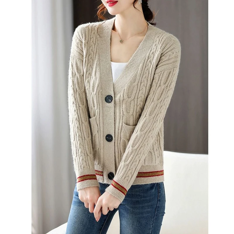 2023 Autumn Winter Women\'s Vintage Twists Single Breasted Outewear Knitted Cardigan Casual V Neck Long Sleeve Loose Sweater Coat