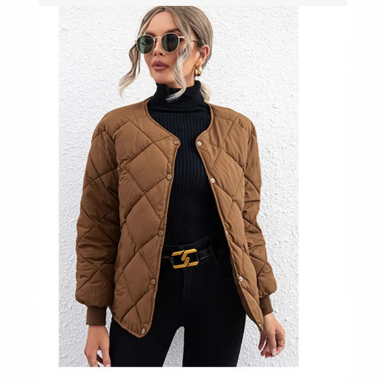 

Autumn Winter New Fashion Korean Women's O-neck Long Sleeve Single-breasted Casual Trendy Simple Basic Quilted Coats Female Tops