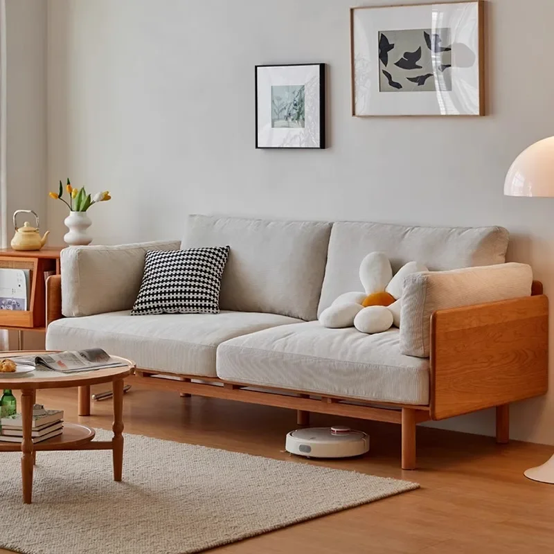 Nordic solid wood sofa fabric, living room modern simple leather sofa