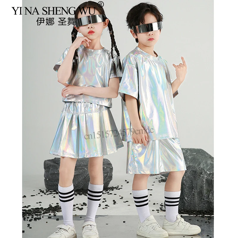جديد الفتيان والفتيات الهيب هوب مجموعة فضية اللون ملابس رقص الجاز الأطفال أداء الملابس موضة المدرج الشارع ملابس رقص #3