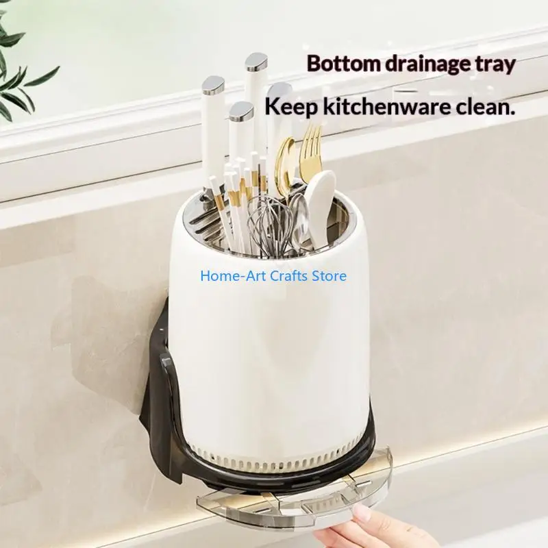 Y3NA 360 Rotating Wall Mounted Kitchen Utensil Holder for Family Safety Organization Rack for Spoons Spatulas Cutlery