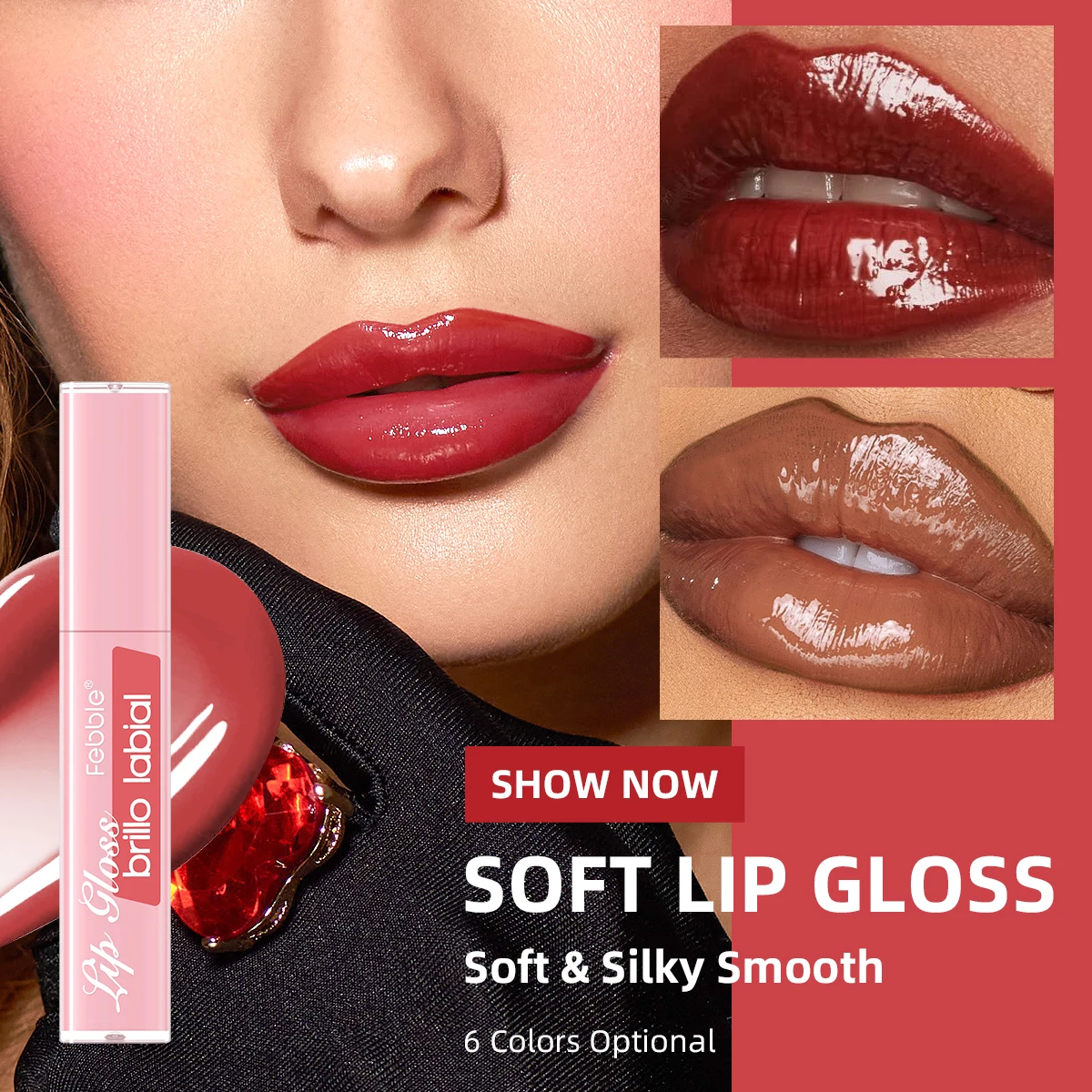 FEBBLE Lucidalabbra idratante, idratante a lunga durata, impermeabile, morbido e setoso, effetto lucidalabbra a specchio, tinta rossa