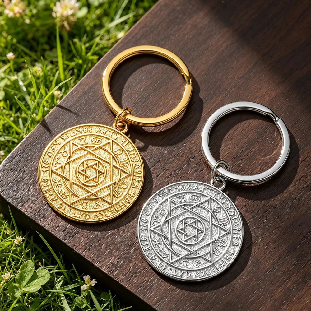Talisman Seal Solomon Keychain Hexagram 12 Constellation Kabbalah Pendant Keyring Bag Accessories Stainless Steel Jewelry