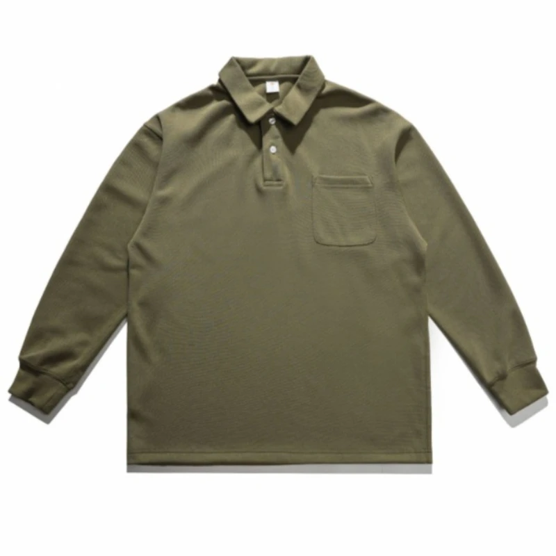 

Solid Color Lapel Long-sleeved Polo Shirt for Men Autumn and Winter 300g Heavy Trend Pocket Button Top