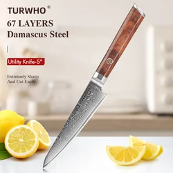 Turwho-High quality Damascus steel utility knife, Rosewood handle,for kitchen, Cleaver, slicing, paring, chef, cooking tools,5”