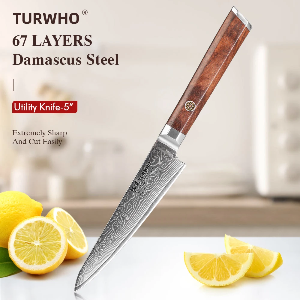 Turwho-High quality Damascus steel utility knife, Rosewood handle,for kitchen, Cleaver, slicing, paring, chef, cooking tools,5”