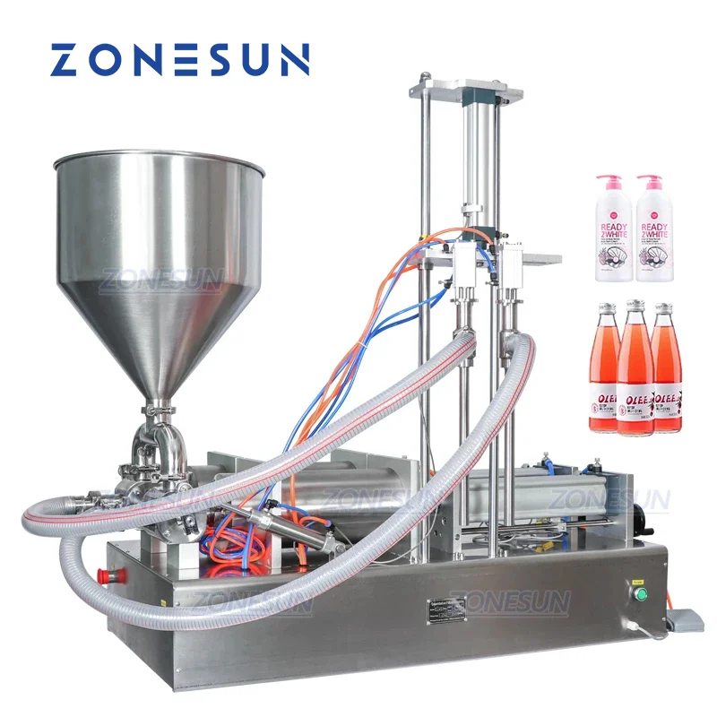 

ZONESUN Paste Filling Machine Pneumatic 2 Diving Heads Piston Pump Filler for Shampoo Shower Gel Laundry Liquid Soap ZS-GTD2