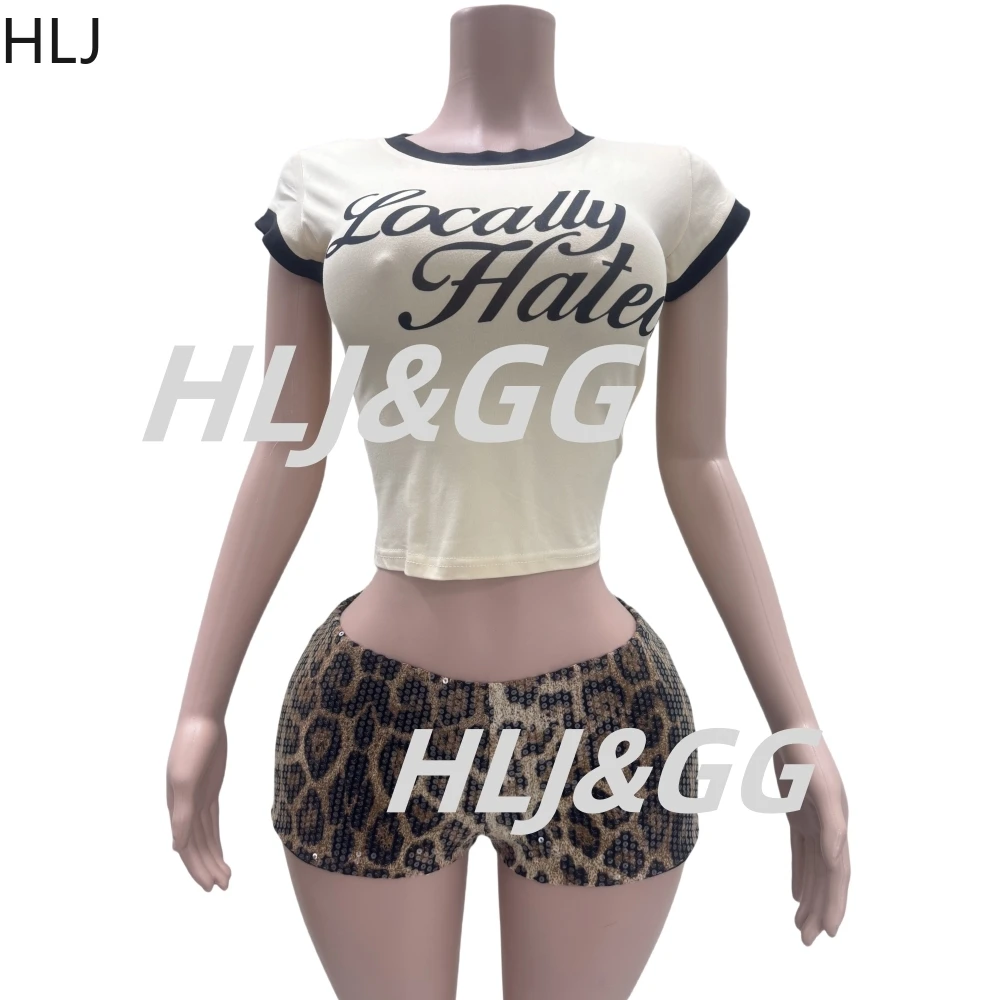 HLJ Y2K Fashion Letter Harajuku Tshirts Two Piece Sets Women Round Neck Short Sleeve Crop Top And Leopard Sequin Shorts Outfits