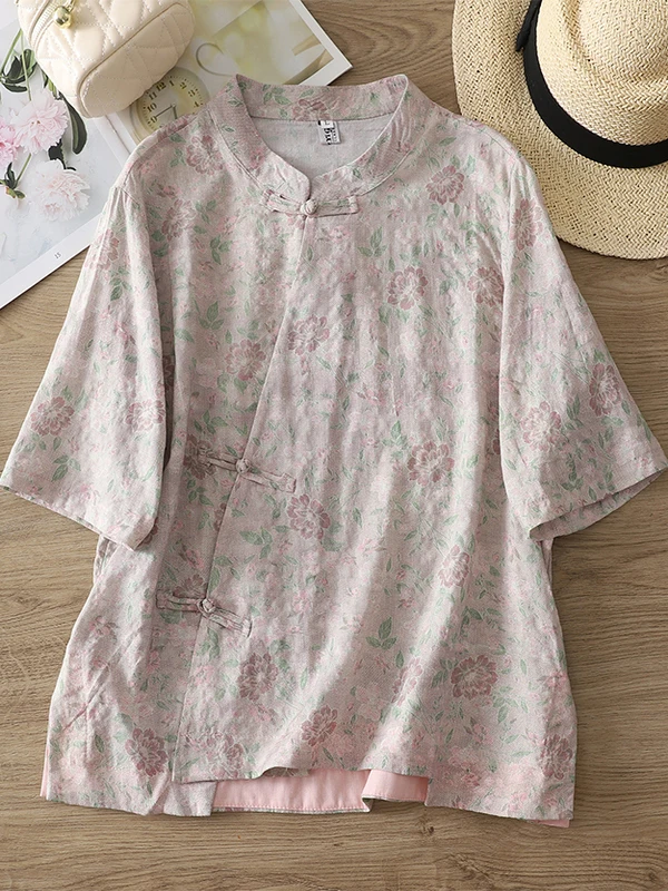 Neue Chinesische Sle Anti-Aging Druck irt Große Größe frauen Seite Schlitz Taste Stehkragen ort Sve Casual baumwolle Sommer