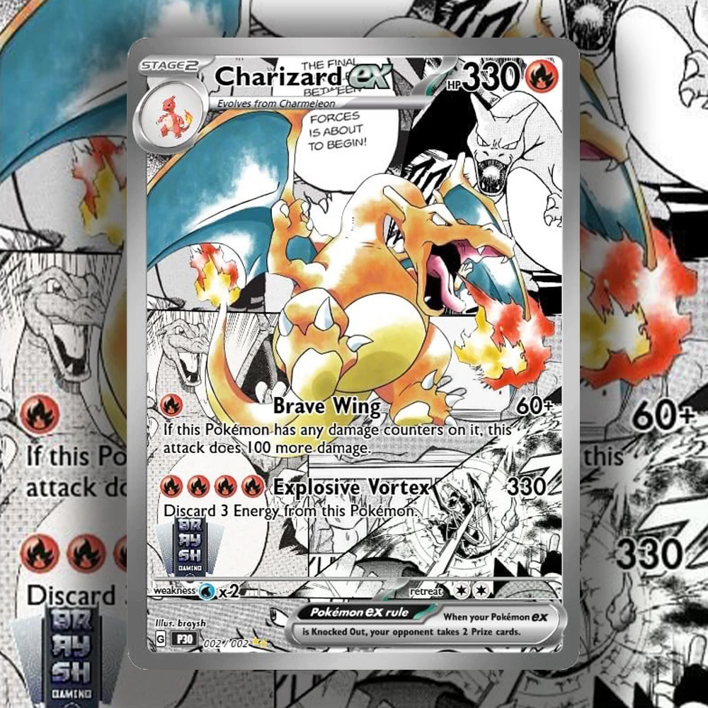 

PTCG Collection PKM Manga Rare Card Charizard ex Comic Style DIY Card Classic Game Anime Card Foil Texture Real life Cards