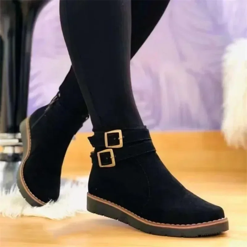 2024 Winter Women Snow New Flock Fur Women's Suede Ankle Boots Flat Ladies Warm Shoes  Botas Altas Plataforma Mujer