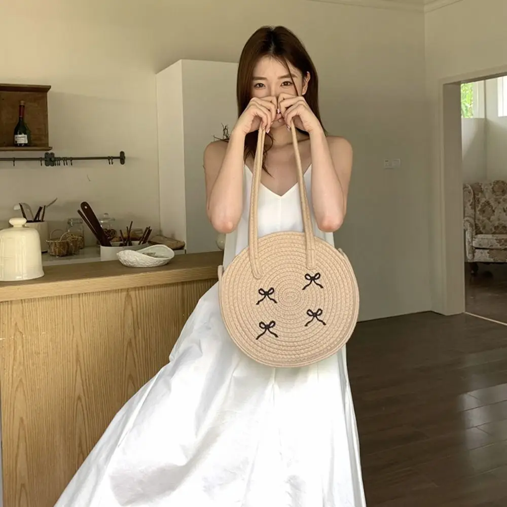

Повседневная богемная круглая соломенная сумка с хлопковой вышивкой и бантом, сумка через плечо, пляжная сумка, сумка для покупок