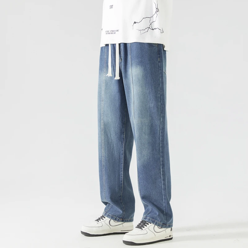 Spring Summer New Fashion Men/Women's Trousers Hong Kong Style All-match Drawstring Pockets Loose Straight Wide Leg Jeans