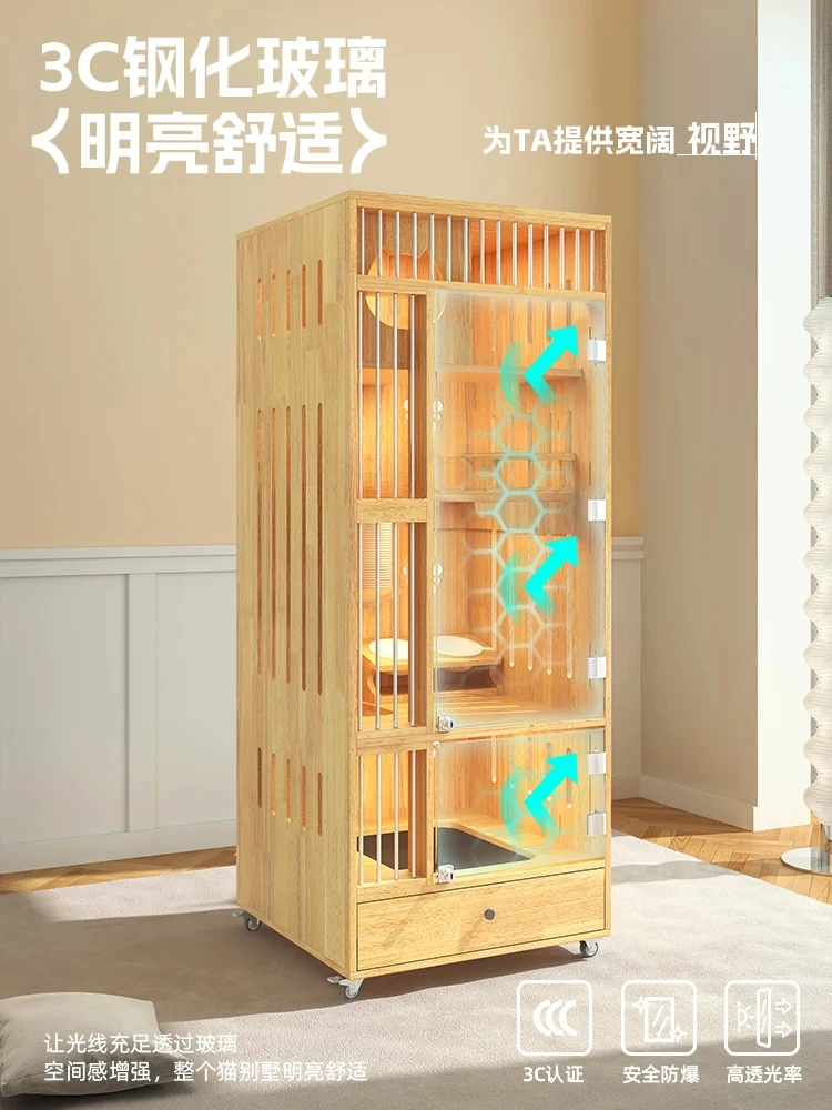 Solid Wood Cat Cage Non-Covering Villa with Toilet Integrated Cat Nest Household Small Apartment Cat House Cabinet