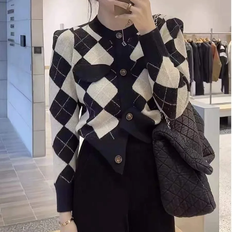 

Женский свободный длинный трикотаж све, весна-осень, новый универсальный свитер в стиле ретро с ромбовидным узором, пальто, топ для поездок на работу, Sle