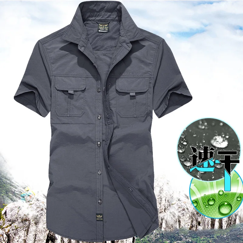 Mens Summer Short Sleeve Outdoor Shirt Pockets Quick Dry Blouse Mountaineering Hiking Fishing Military Working Clothes Big Size