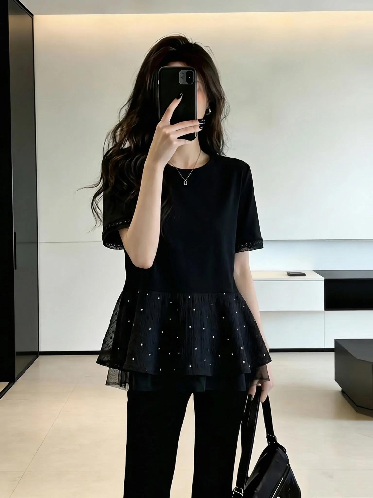 Elegant Black Short Sleeve T-Shirt Women's plus Size Summer New Style Big Code Fat MM Belly Covering Puffy Top Commute Style