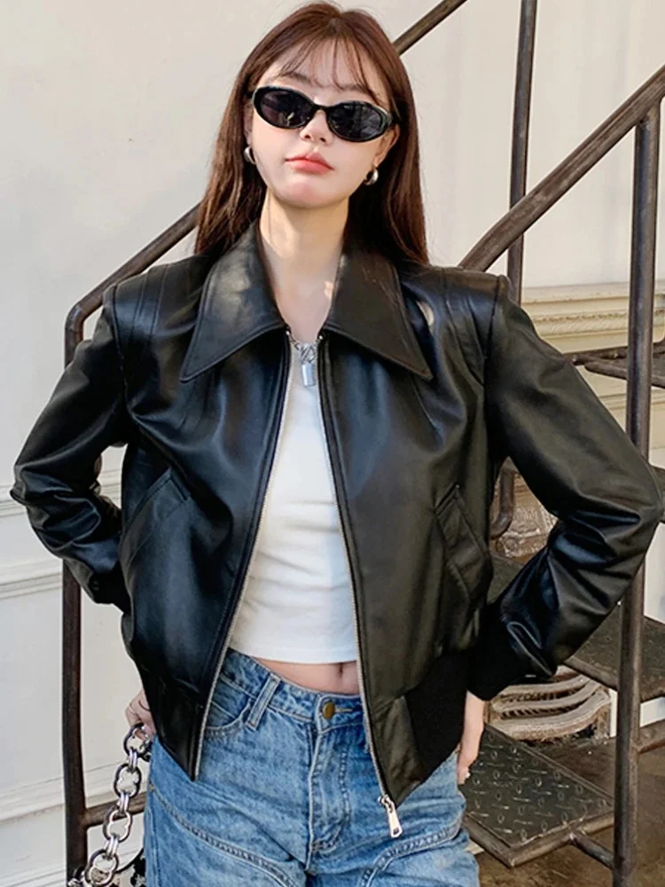 Genuine Black Leather Cropped Bomber Jacket for Women 2024 Trend High-end Vintage Motorcycle Sheepskin Coat Autumn Winter