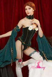 Mobbunny Women Medieval Style Sexy Lingerie Set Flower Decor Green Bodysuit with Stockings and Tulle Sleeves Cosplay Costumes